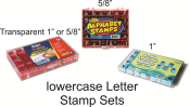 LOWERCASE 5/8 " Alphabet Stamp Set
Comes with 8 punctuation stamps
Requires a stamp pad