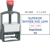 The 2860 Dater has a 2" x 2.75" impression. It has a metal frame and is very durable.  It comes with six year bands that are replaceable.  It is self-inking and comes with color choice.  Also, please choose if you want the date the same color as your text
