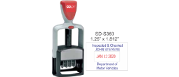 S360 is a self-inking customizable dater with a 1.25 x 1.8125 impression.  It has a plastic frame and is an economical dater.