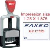 This self-inking dater says FAXED in blue and it is above a changable, red date. The blue text at the bottom says by with a signature line. There are six years on the bands.