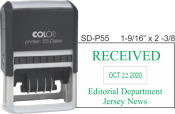 The Printer 55 Dater is an economical dater with a plate for customizing above and below the date. The impression size is 1.562" X 2.375".  It is a self-inking dater with a built in pad.  It has six years on the bands.