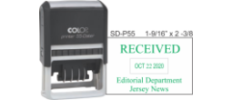 The Printer 55 Dater is an economical dater with a plate for customizing above and below the date. The impression size is 1.562" X 2.375".  It is a self-inking dater with a built in pad.  It has six years on the bands.