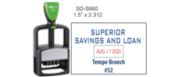 S660 is a self-inking customizable dater with a 1-1/2 x 2-5/16 impression.  It has a plastic frame and is an economical dater.