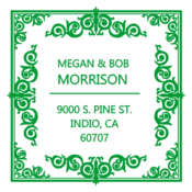 Designer style address stamp.  This is a 1.5 X 1.5 impression. This custom stamp can be on a handle, to use with a pad, a self-inking printer, a pre-inked PSI or the highest quality Xstamper.  Choose your mount in product options.