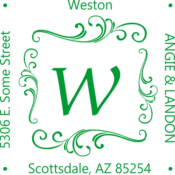 Designer style address stamp.  This is a 1.5 X 1.5 impression. This custom stamp can be on a handle, to use with a pad, a self-inking printer, a pre-inked PSI or the highest quality Xstamper.  Choose your mount in product options.
