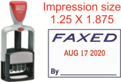 This self-inking dater says FAXED in blue and it is above a changable, red date. The blue text at the bottom says by with a signature line. There are six years on the bands.