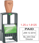 The 2360 Dater has a 1-1/4" x 1-13/16" impression.  It has a metal frame and is very durable.  It comes with six year bands that are replaceable.  It is self-inking.