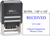 Printer 54 Dater is an economical dater with a plate for customizing above and below the date. The impression size is 1.5625 x 1.9375.  It is a self-inking dater with a built in pad.  It has six years on the bands.