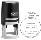 This is a round printer dater.  It is self-inking with a built in pad and is 2 " in diameter. It has six years on the bands. It comes in one or two color choices.
