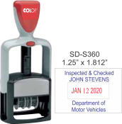 S360 is a self-inking customizable dater with a 1.25 x 1.8125 impression.  It has a plastic frame and is an economical dater.