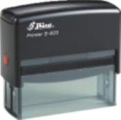 The Shiny Printer 833 has a  1 inch x 3.25 inch impression.  It is a self-inking stamp with a built in pad that is reinkable.  It has a great impression.  This is a great stamp for lines that are longer than normal.